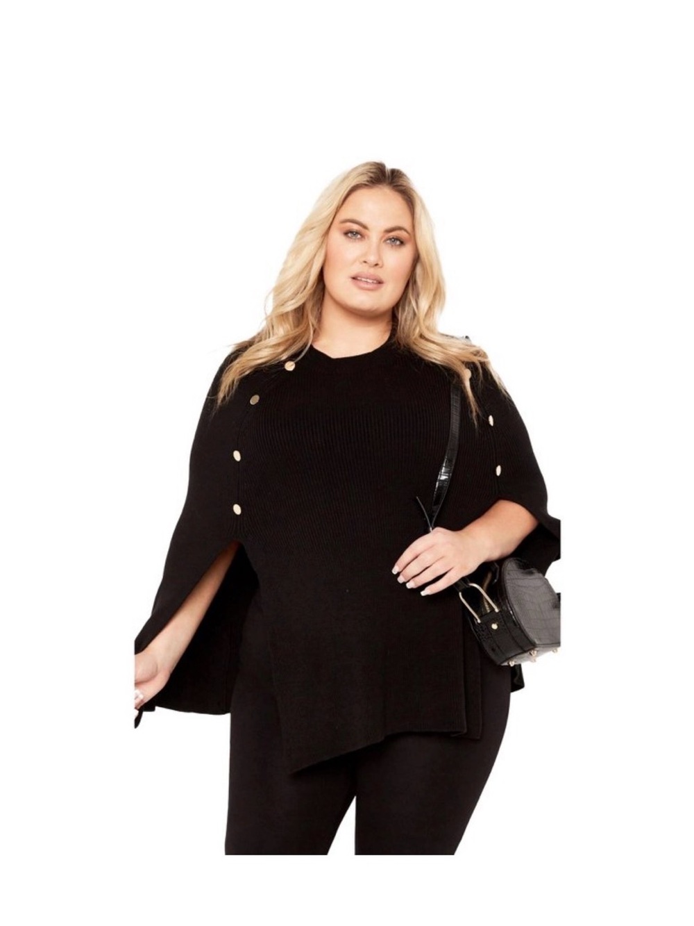 Avenue Black Cape- Effect Button Embellish  Knit Sweater